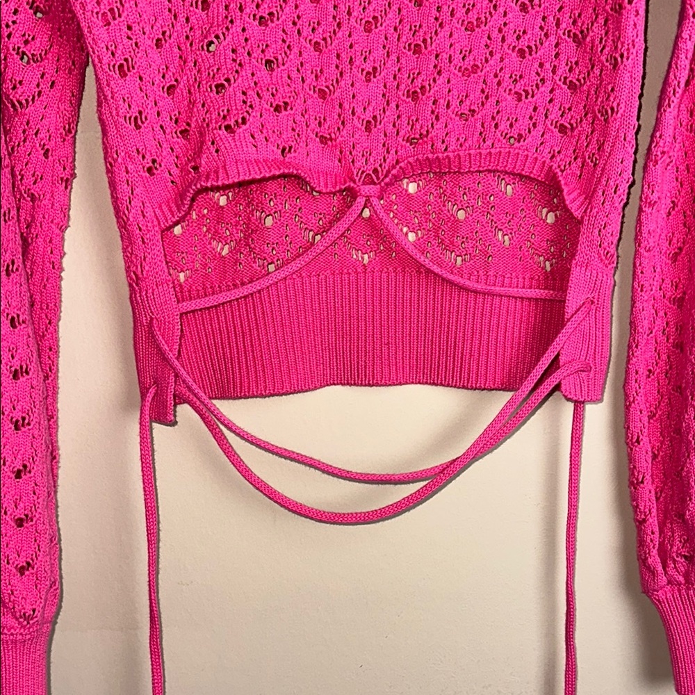 Lulus Always All Mine Pink Lace-Up Cropped Pointelle Sweater Size Small - Picture 7 of 7